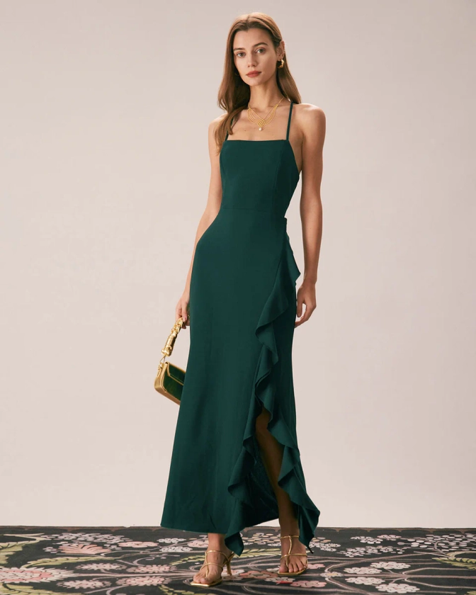 The Green Ruffle Cross Back Strap Maxi Dress & Reviews - Black - Dresses | RIHOAS