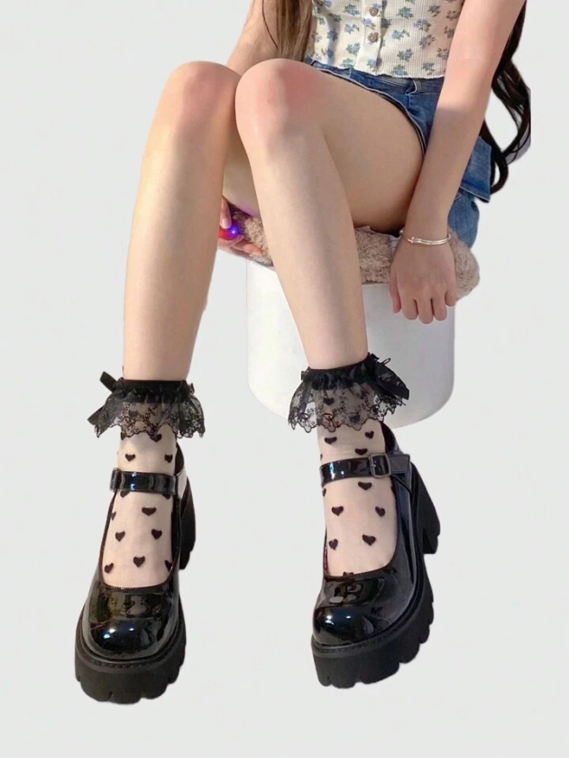 ROMWE Kawaii 1 par de calcetines Lace Lolita JK hasta la rodilla para verano, calcetines malla con patrón de corazón blanco lindos para damas