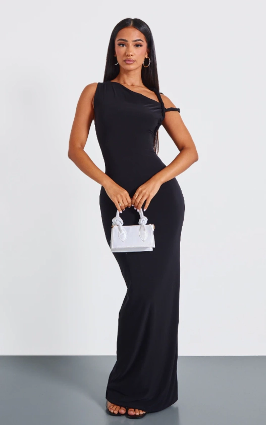 Petite Black Slinky Twist Shoulder Maxi Dress