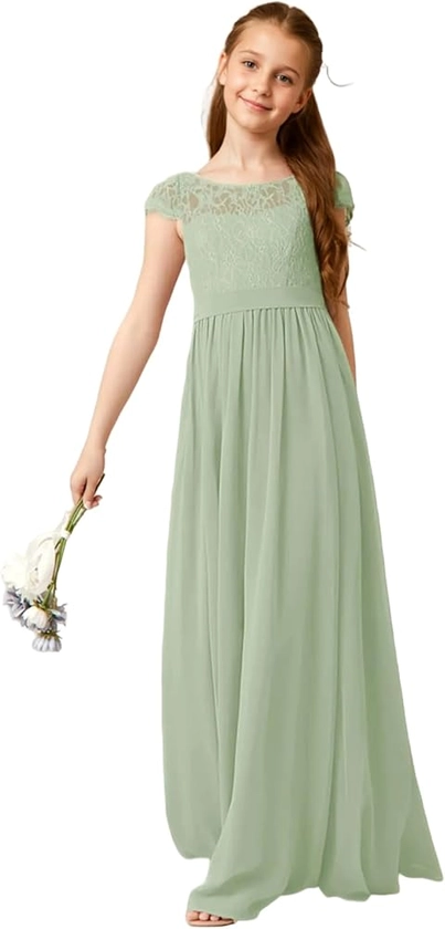 Amazon.com: Chiffon Junior Bridesmaid Dress for Wedding Lace Appliques Flower Girl Dress A Line Formal Evening Party Gown Sage Green-14: Clothing, Shoes & Jewelry