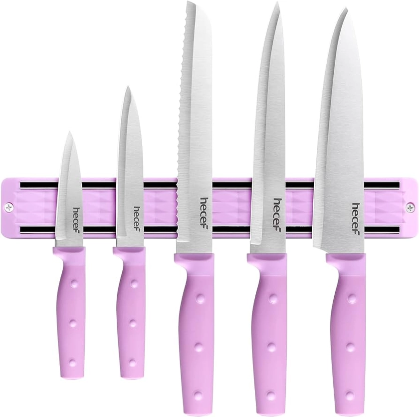 hecef Kitchen Knife Set with Magnetic Strip, 6-Peice Professional Knives Set for Kitchen, 13-inch Magnetic Strip for Knives, Stainless Steel Knife Set with Purple Handle for Cutting Meat & Vegetable