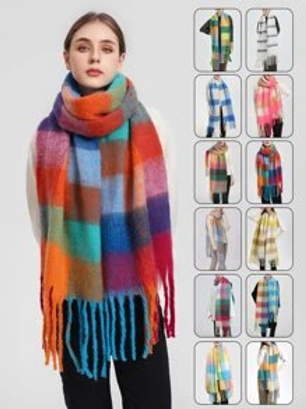 1pc Women's Multicolor Plaid Warm & Fashionable Scarf, Suitable For Everyday Use