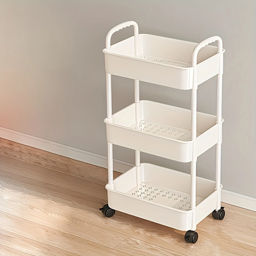 1pc 3/4-Tier Rolling Utility Cart, Plastic Storage Organizer With Wheels, Multi-Purpose Trolley For Kitchen, Bathroom, Bedroom, White/Black, Space-Sav