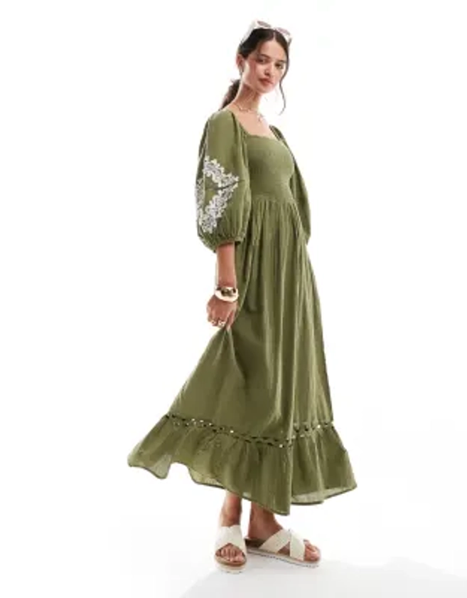 Accessorize - Robe longue de plage froncée à manches bouffantes - Vert olive | ASOS