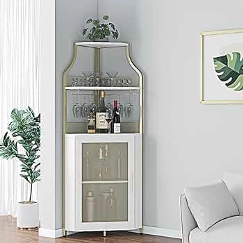 Amyove Corner Wine Bar Rack Cabinet with Detachable Wine Rack, Bar Cabinet with Glass Holder, Small Sideboard and Buffet Cabinet with Mesh Door