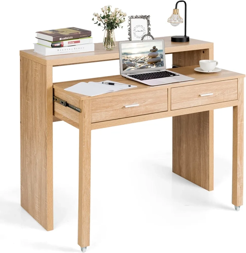 GIANTEX Extendable Desk with Wheels, Computer Table Console Table with 2 Drawers, Secretary Desk Wood, Work Table Office Table Space Saving, Dimensions Closed: 100 x 36 x 88cm : Amazon.se: Home & Kitchen
