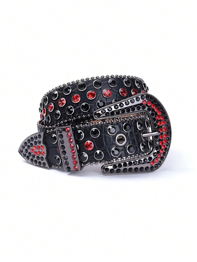 Unisex Rhinestone Belt For Western Fashion, Black/Red, Artificial Diamond Decorated Street Style Belt For Men & Women