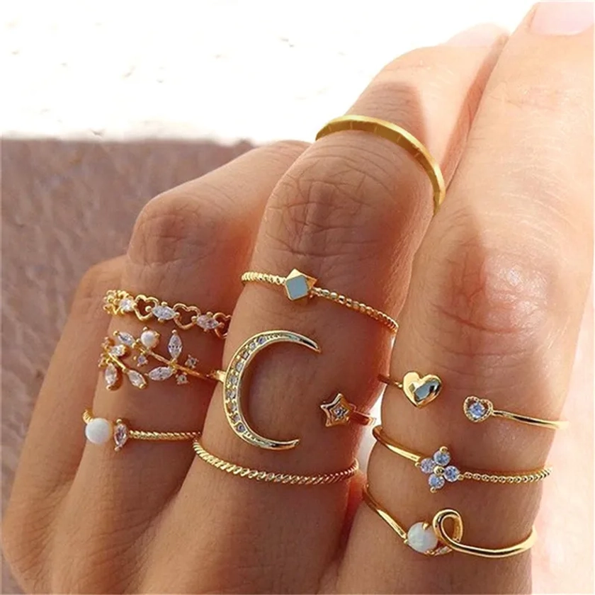 Silver Color Crystal Rings Set for Women, Cubic Zirconia Moon Arrow Flower Heart Finger Wedding Rings, Female Fashion Jewelry