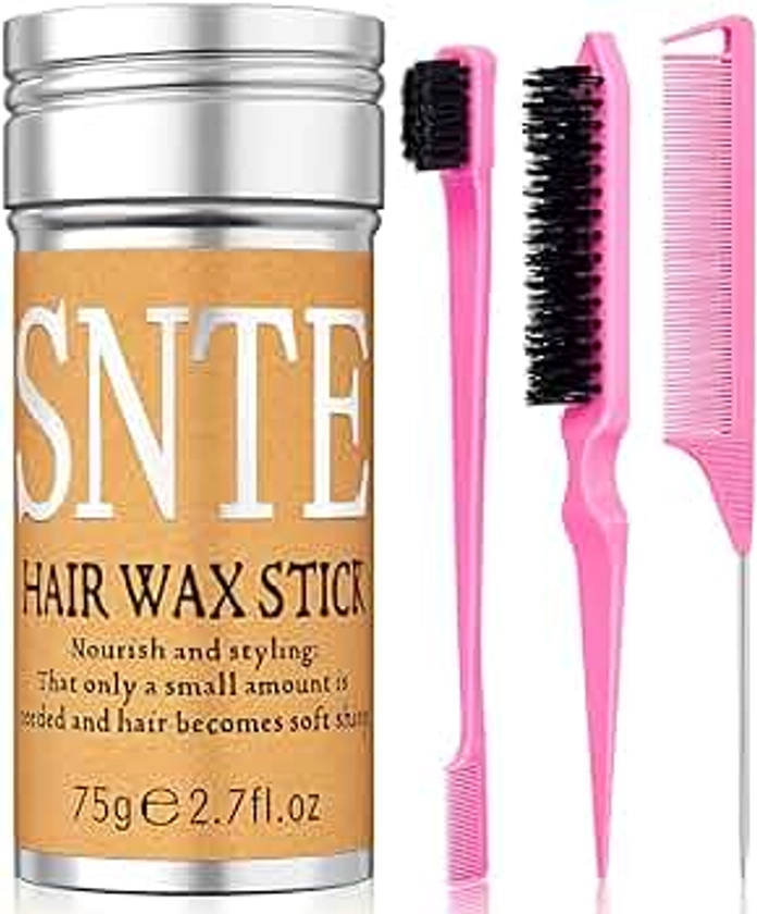 Hair Wax Stick, Slick Back Hair Brush Set 4Pcs, Wax Stick for Hair, Bristle Brush for Flyaways, Teasing Brush for Hair Styling, Edge Brush for Tame Frizz Baby Hair, Rat Tail Combs for Parting