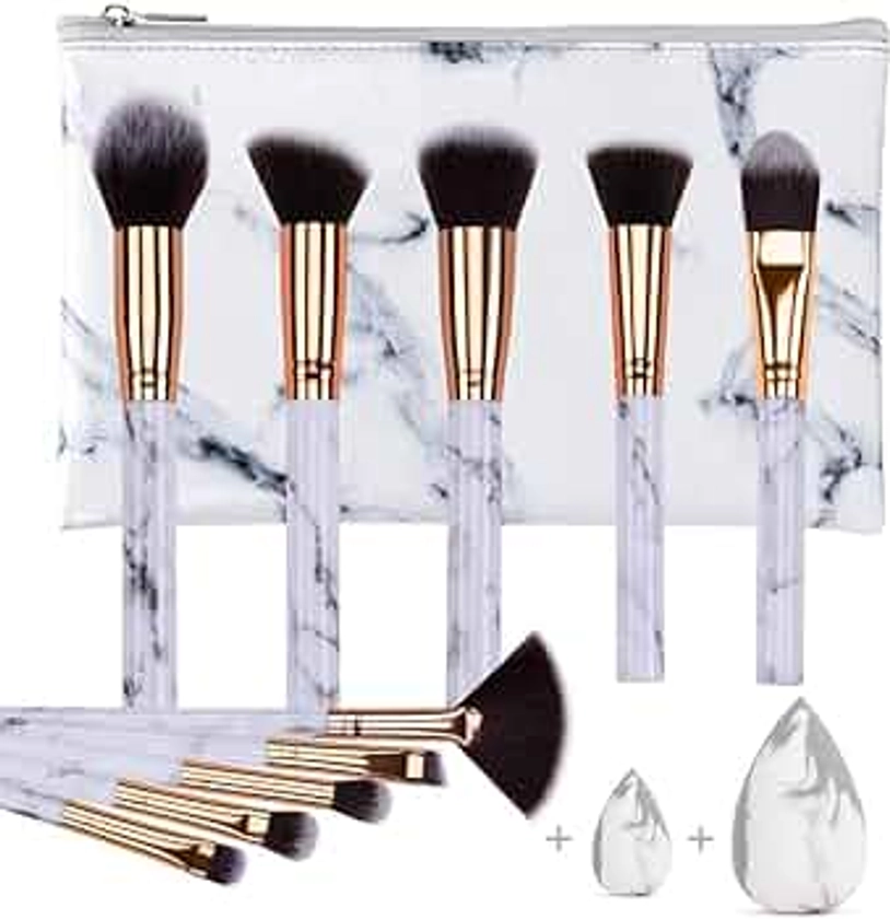 HEYMKGO Makeup Brushes Professional Marble Makeup Brush Set, Soft and Odor-free Natural Synthetic Bristles,10PCS + 2 Sponge Puff + Marble Pattern Cosmetics Bag