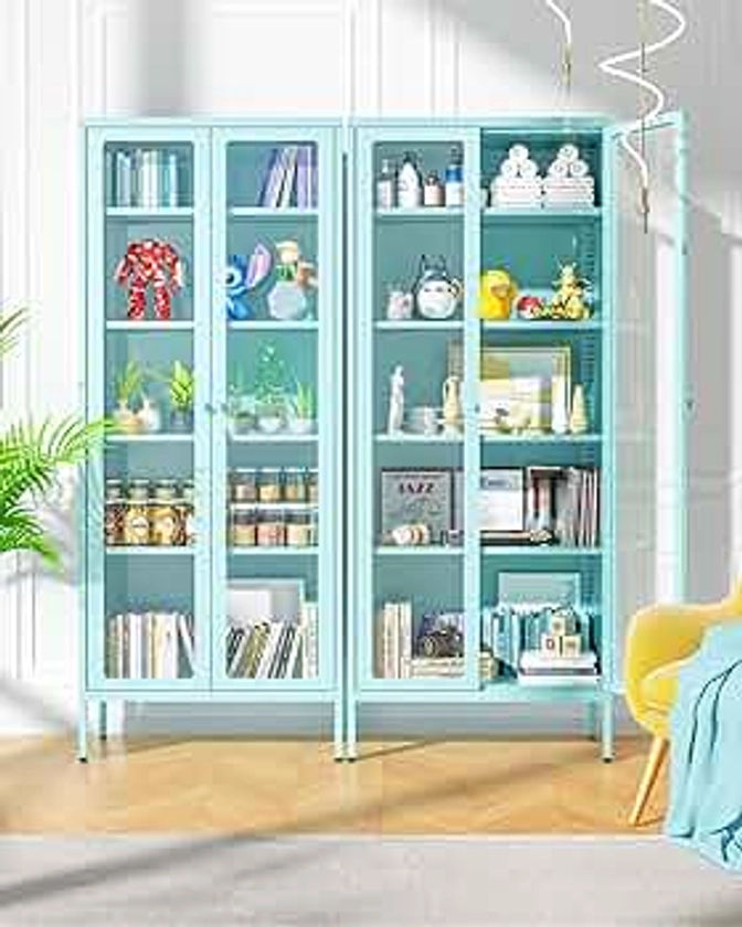Greenvelly Metal Display Cabinet, Blue Storage Cabinet with Glass Doors and 4 Shelves, Curio Display Cabinet with Glass for Home Office, Living Room, Pantry