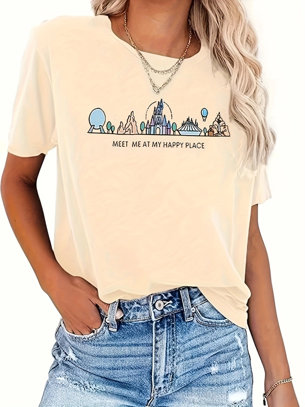 Cartoon Castle Print Crew Neck T-Shirt, Casual Short Sleeve Top For Spring & Summer, Women's Clothing