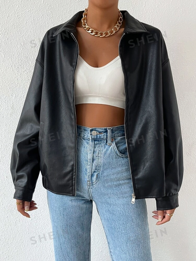 SHEIN EZwear Drop Shoulder Zip Up PU Cropped Leather Jacket