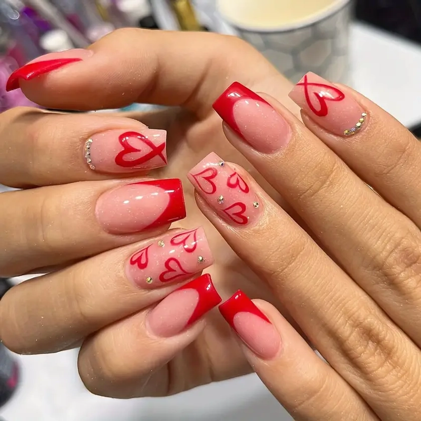 24pcs Glossy Valentine's Day Press On Nails Short Square Press On Nails Red French * Nails With Red Love Design Glossy Rhinestone Full Cover False