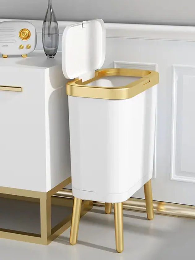 15l lata de lixo de luxo dourado de grande capacidade para o banheiro da cozinha criativo de alta-pé tipo de imprensa caixas de resíduos de plástico com tampa