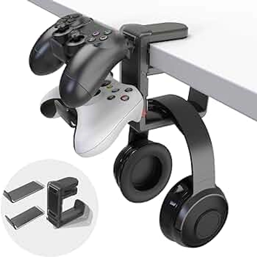 3-in-1 PC Gaming Headset&Controller Holder - EURPMASK Headphone Stand w/Adjustable Clamp&2 Controller Holder&Rotating Arm&Cable Organizer, Universal PC Gaming Accessory Controller Headset Stand-Black