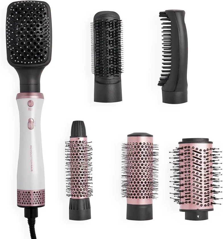 Revolution Haircare London, Mega Blow Out Hot Air Brush Set 6-in-1, for All Hair Types, Fast Drying, White & Rose Gold