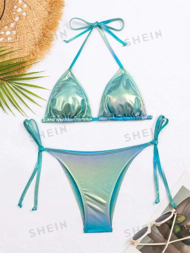 SHEIN Swim Y2GLAM Metallic Halter Triangle Tie Side Bikini Swimsuit | SHEIN USA
