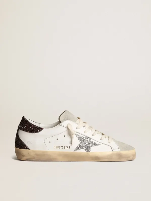 Women's Super-Star with silver star and brown glitter heel tab | Golden Goose