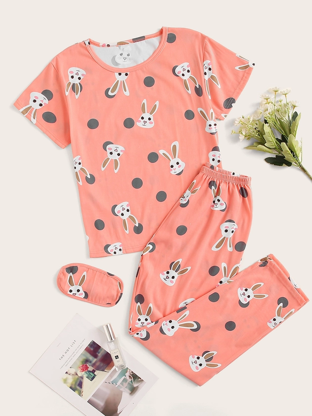 Ensemble de pyjama avec motif de lapin et pois, avec cache-œil