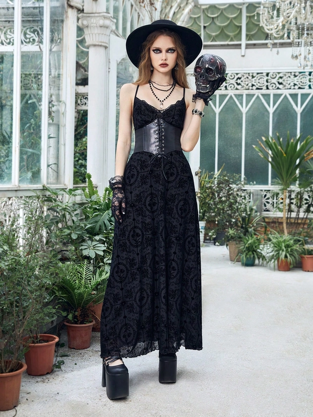 ROMWE Goth Floral Jacquard Cami Dress Without Corset