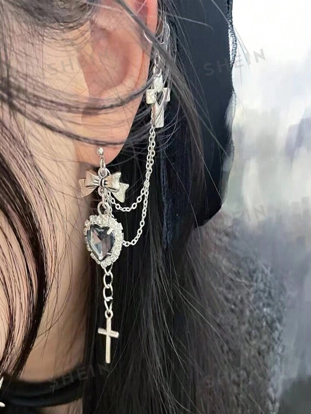 ROMWE Goth 1 pieza Pendientes atractivo aleación de zinc con corazón & cruzado con diseño de diamante de imitación para mujeres para decoración diaria