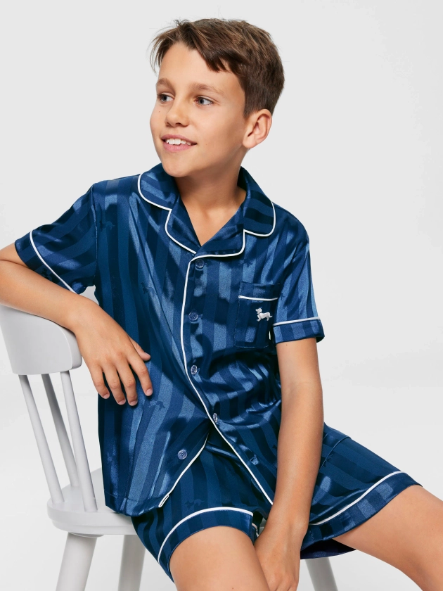 Kids Navy Penny Stripe Satin Pj Set Navy - Peter Alexander Online