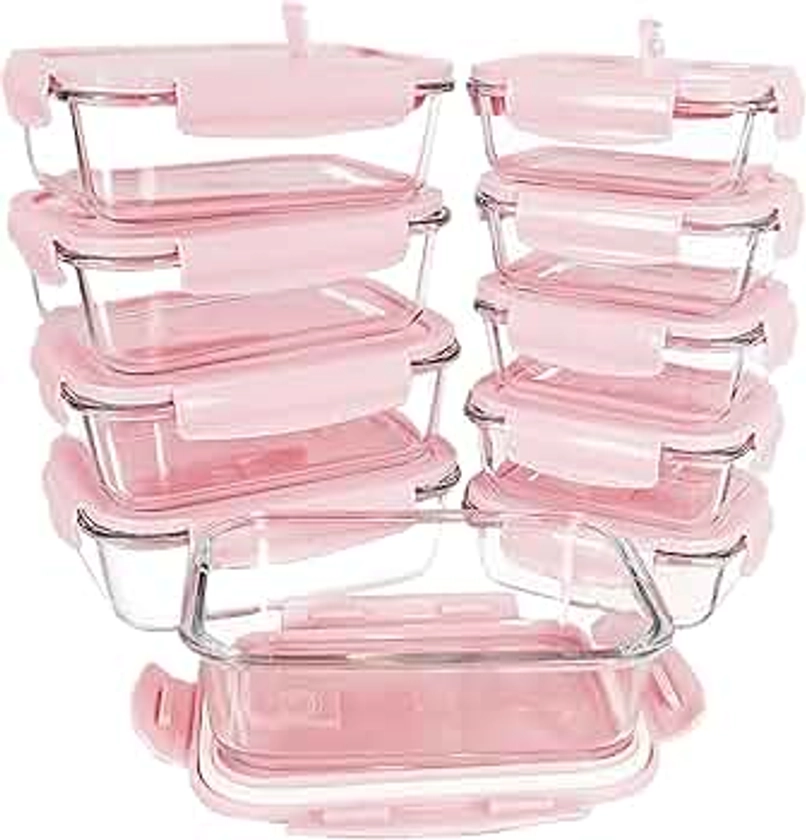 ZRRHOO 10 Pack Glass Food Storage Containers Set, Meal Prep Containers with Lids (Built in Vent), Airtight Bento Boxes for Lunch, BPA Free & Leak Proof (Pink)