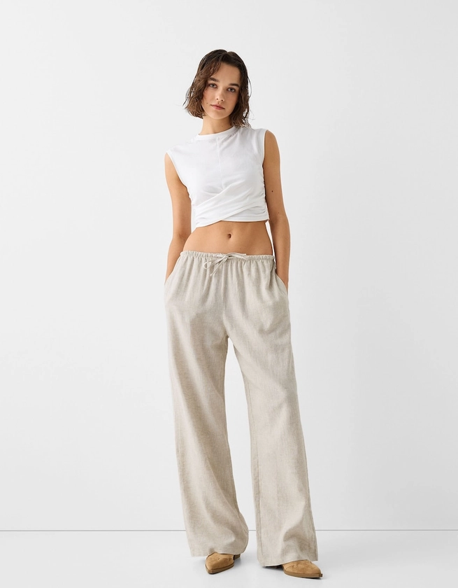 Pantalon straight lin mélangé taille élastique