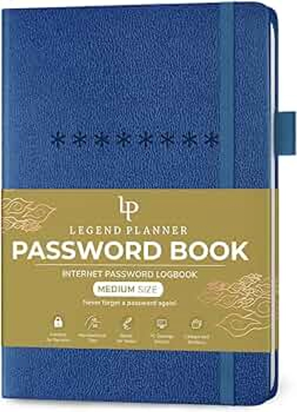 Legend Planner Password Book with Alphabetical tabs. Internet Address Keeper Logbook. Journal for Website Logins, Medium 13x19.5cm (Mystic Blue)