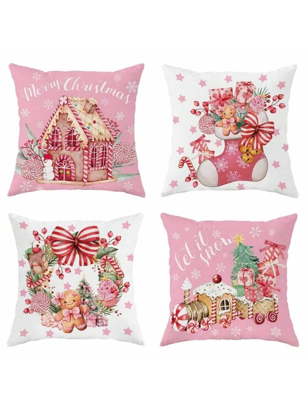 4Pcs Gingerbread House Candy Cane Christmas Stocking Train Gift Pink Throw Pillow Covers, Fun And Cute Winter Christmas Pillow Covers, Velvet Decorative Cushion Cover 45×45Cm/18"×18", Suitable For Christmas Party Living Room/Bedroom/Sofa/Bed Decoration /Gift