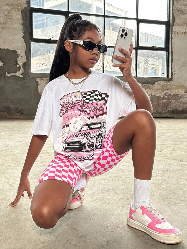 SHEIN Tween Girl Cool Street Style Knit Round Neck Short Sleeve T-Shirt And Plaid Pattern Shorts Set