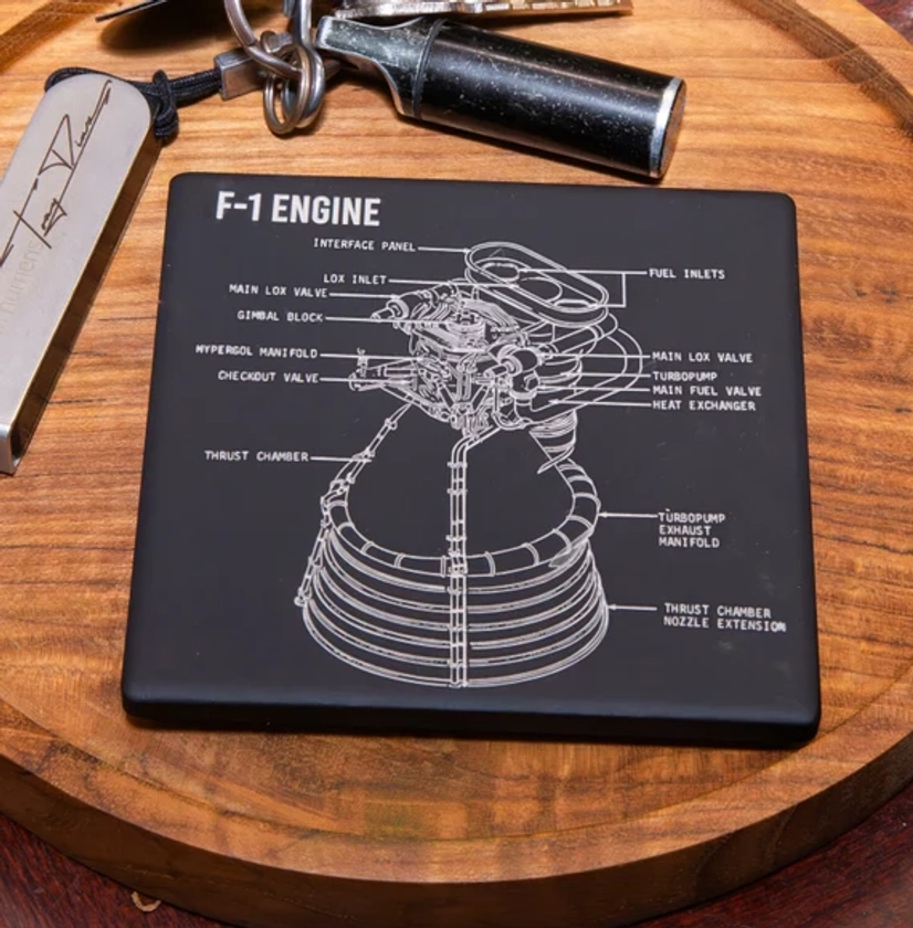 Rocketdyne F-1 Rocket Engine - Ceramic Tile Coaster - Matte Black - Huntsville AL - Laser Engraved - Apollo Program - Drawing Schematic