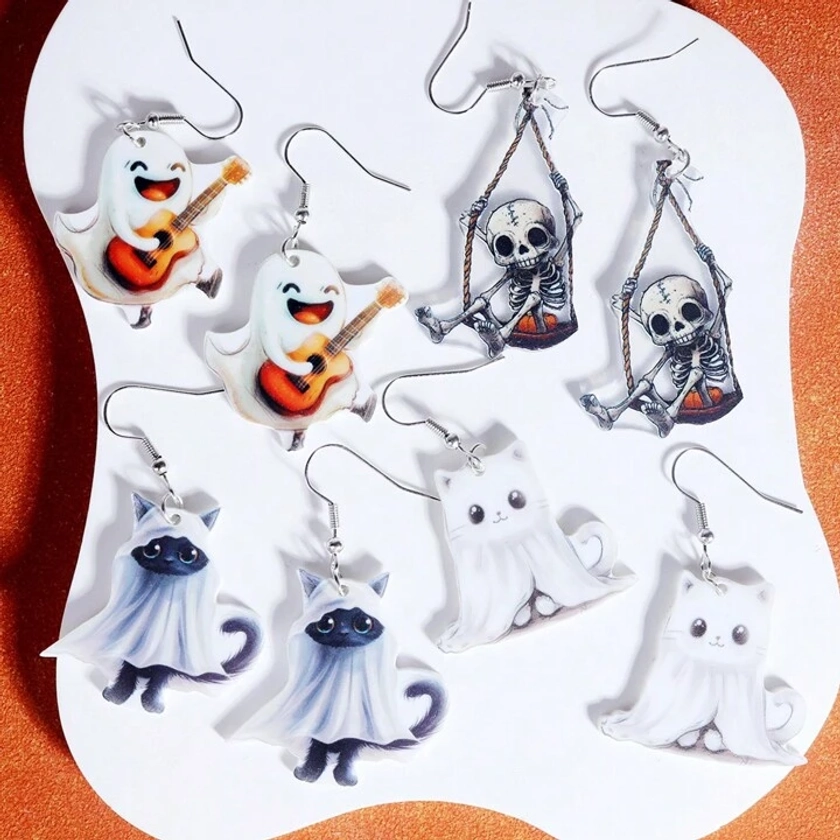 1 par de aretes acrílicos con temática de Halloween de fantasma, calavera y gato