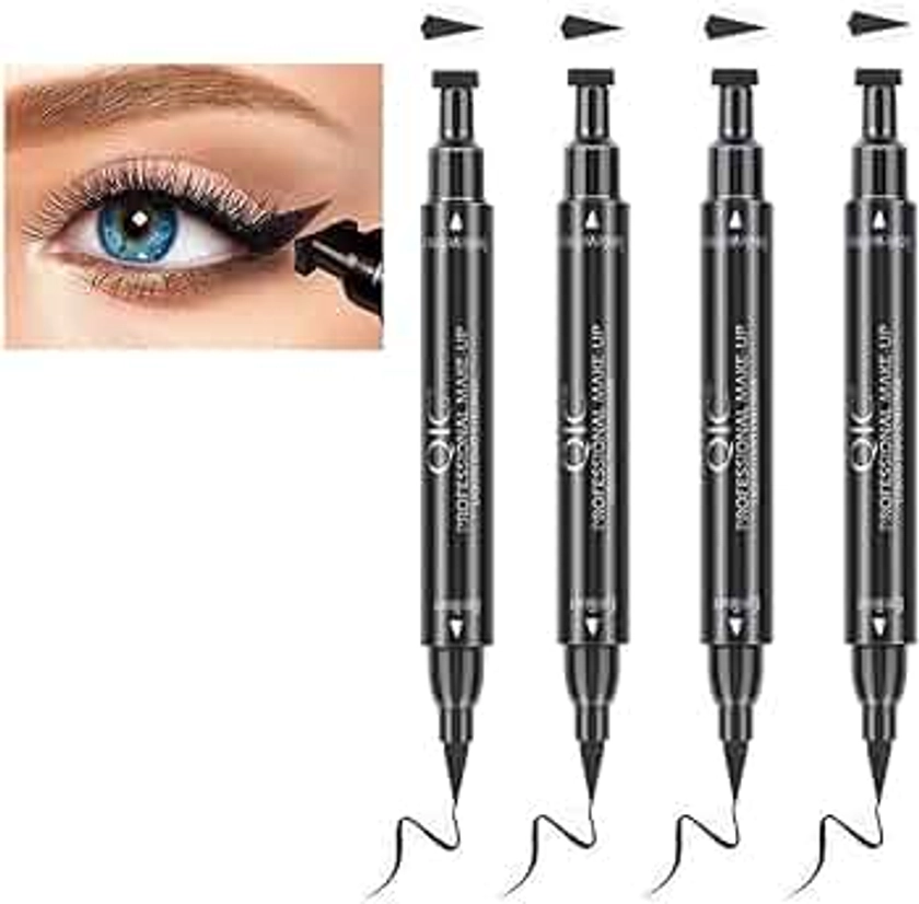 Winged Black Liquid Eyeliner Set - 4 PCs Dual Ended Matte Eye Liner Pen & Wing Stamp, Long Lasting and Smudge Proof Eye Makeup for Women