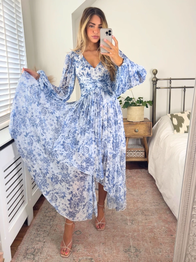 Blue Floral Maxi Dress with Long Sleeves
