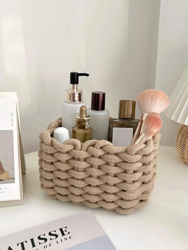 1pc Khaki Hand-woven Makeup Organizer Box For Brushes And Skin Care Products Storage And Organization