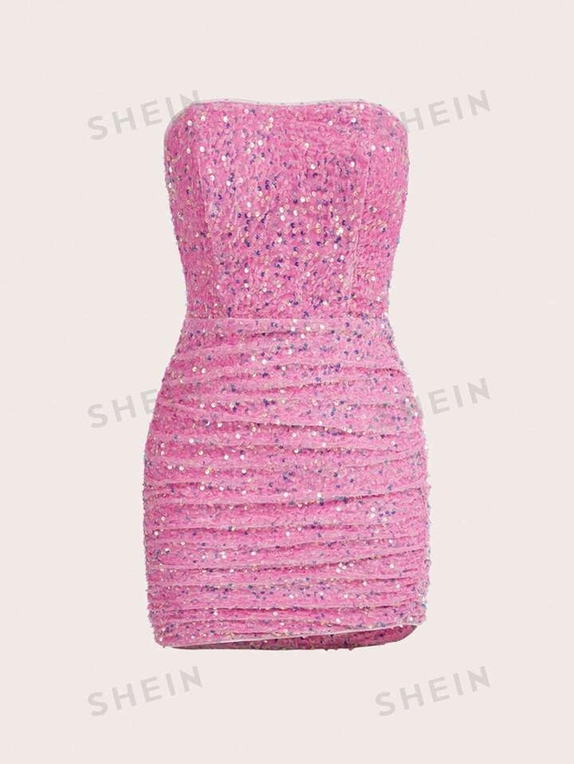 SHEIN ICON Pink Sequin Tube Bodycon Date Night Dress Sparkly Dress