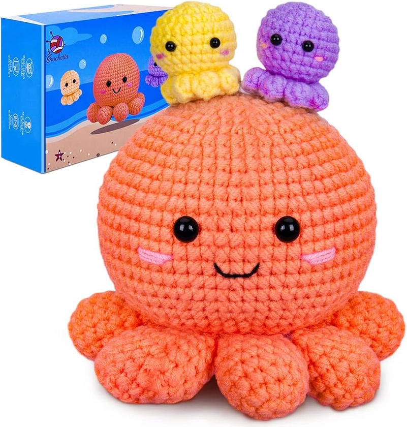 Crochetta Crochet Kit for Beginners, Amigurumi Crocheting Animals Kits w Step-by-Step Video Tutorials, Knitting Starter Pack for Adults and Kids, Jumbo 3 Nestable Octopus Familly (40%+ Yarn Content)
