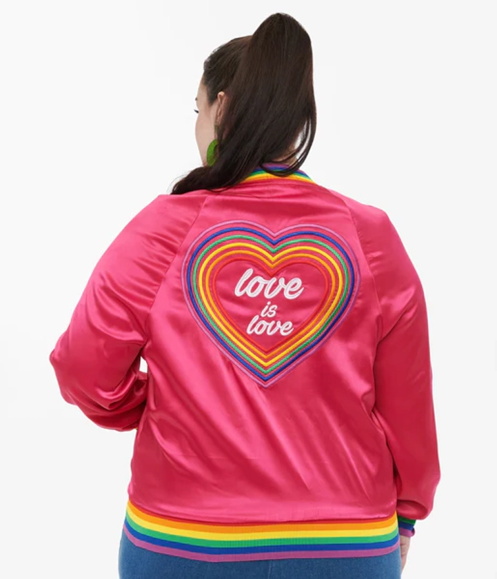 Preorder - Unique Vintage Plus Size Hot Pink & Rainbow Pride Satin Bomber Jacket