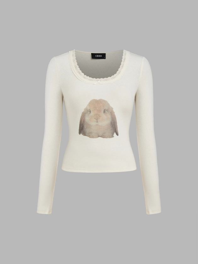 Knit Fabric U-neckline Rabbit Lace Trim Long Sleeve Top For School