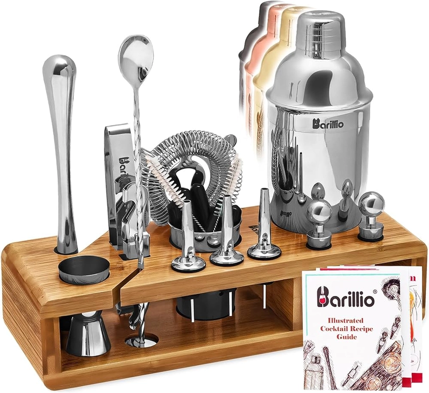 Elite Mixology Bartender Kit Cocktail Shaker Set by barillio: Drink Mixer Set with Bar Tools, Sleek Bamboo Stand, Velvet Carry Bag & Recipes Booklet