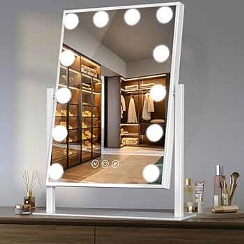 Vanity Mirror with Lights 14" x 19", Lighted Makeup Mirror 12 Dimmable Bulb, Smart Touch Hollywood Vanity Mirror, 3 Color Temperature, White