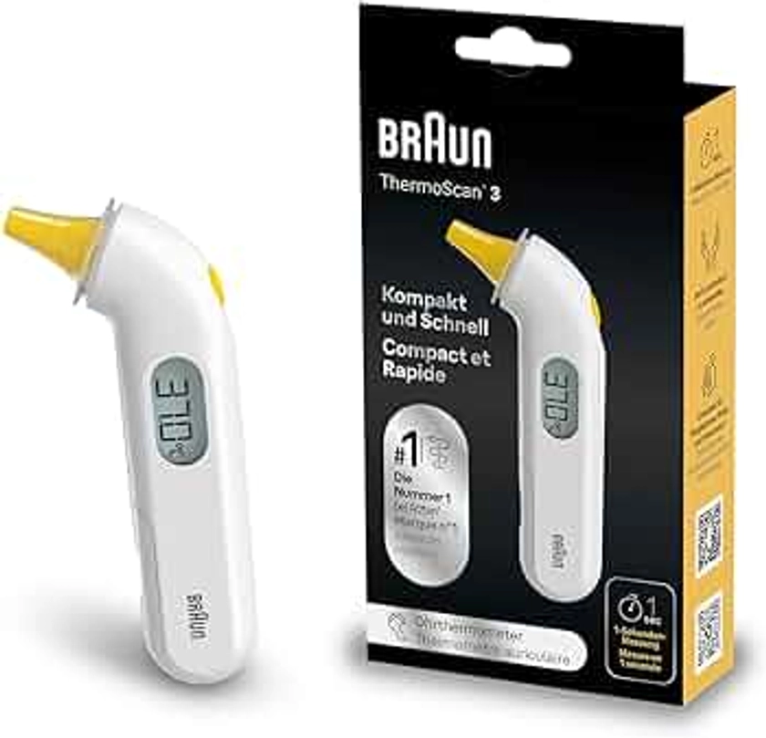 Braun ThermoScan 3 Thermomètre auriculaire - Mesure en 1 seconde - Indicateur sonore de fièvre - Affichage numérique - Convient aux bébés et aux nourrissons - Marque n°1 chez les médecins1 - IRT3030