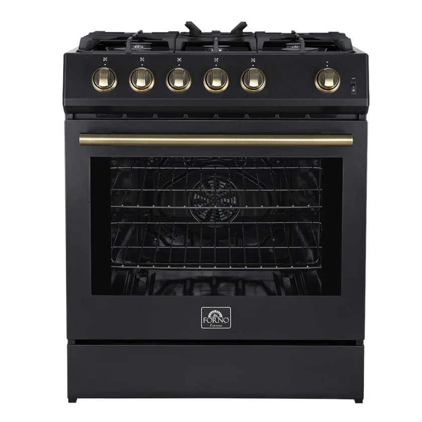 Forno Espresso 30” Gas Range in Black with Antique Brass Handles, FFSG