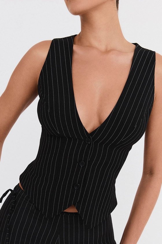 Clothing : Black Pinstripe Waistcoat - Mistress Rock