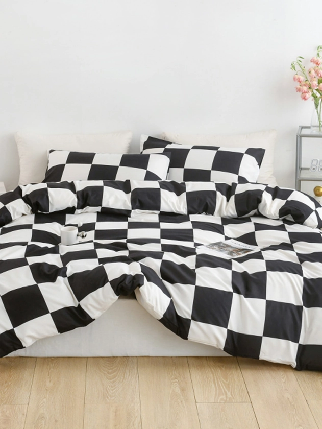 3pcs/set Checkerboard Pattern Duvet Cover Set(1 Duvet Cover & 2 Pillowcase) Modern Polyester Bedding Set For Home, All Season