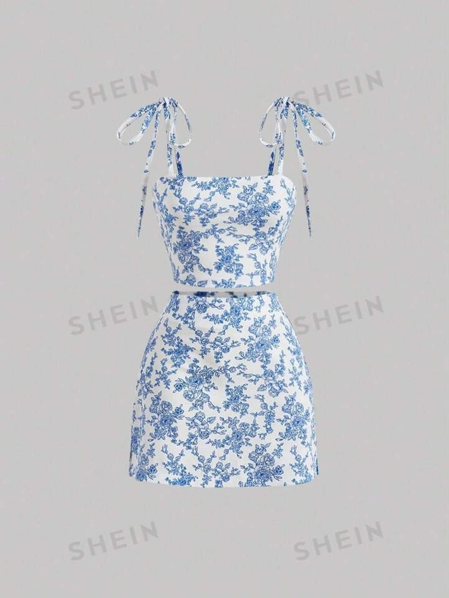 SHEIN MOD Spring Break Allover White And Blue Floral Print Tie Shoulder Cami Top & Skirt | SHEIN USA