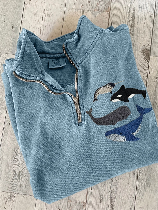 Species of Whales Embroidery Art Zip Up Sweatshirt