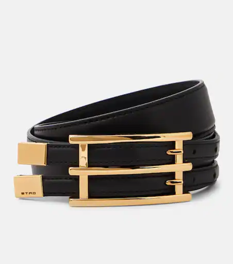 Double Buckle slim leather belt in black - Etro | Mytheresa